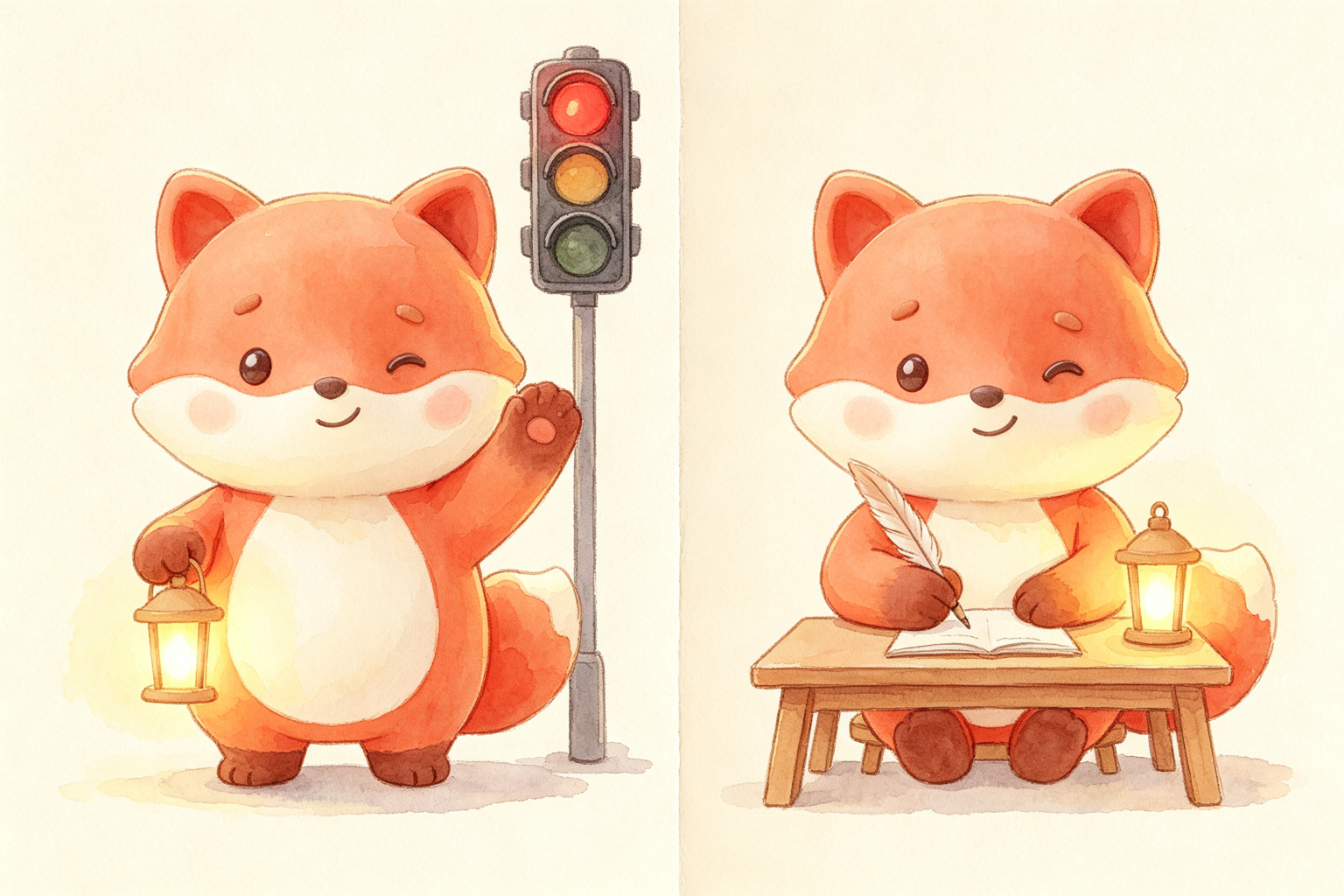 Watercolor split scene: a fox stopping instantly at a red traffic light on the left, and the same fox writing slowly at a desk on the right.