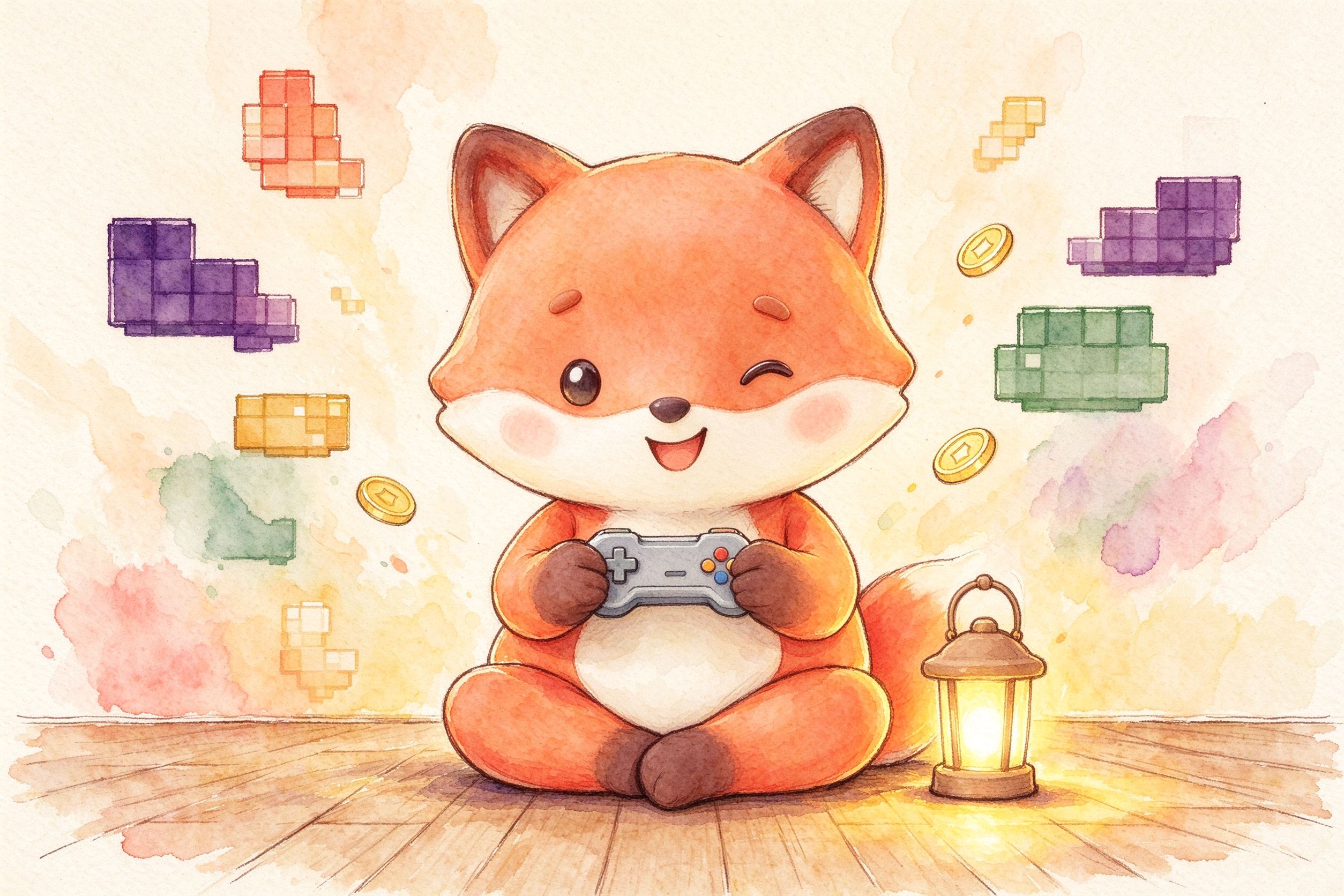 Watercolor fox sitting cross-legged on the floor holding a game controller, eyes focused, a small glowing lantern beside him, pixel-art-style blocks floating in the background.