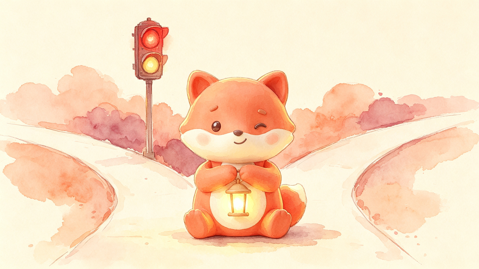 Watercolor fox standing at a fork in two paths, a red lantern glowing above the decision point.