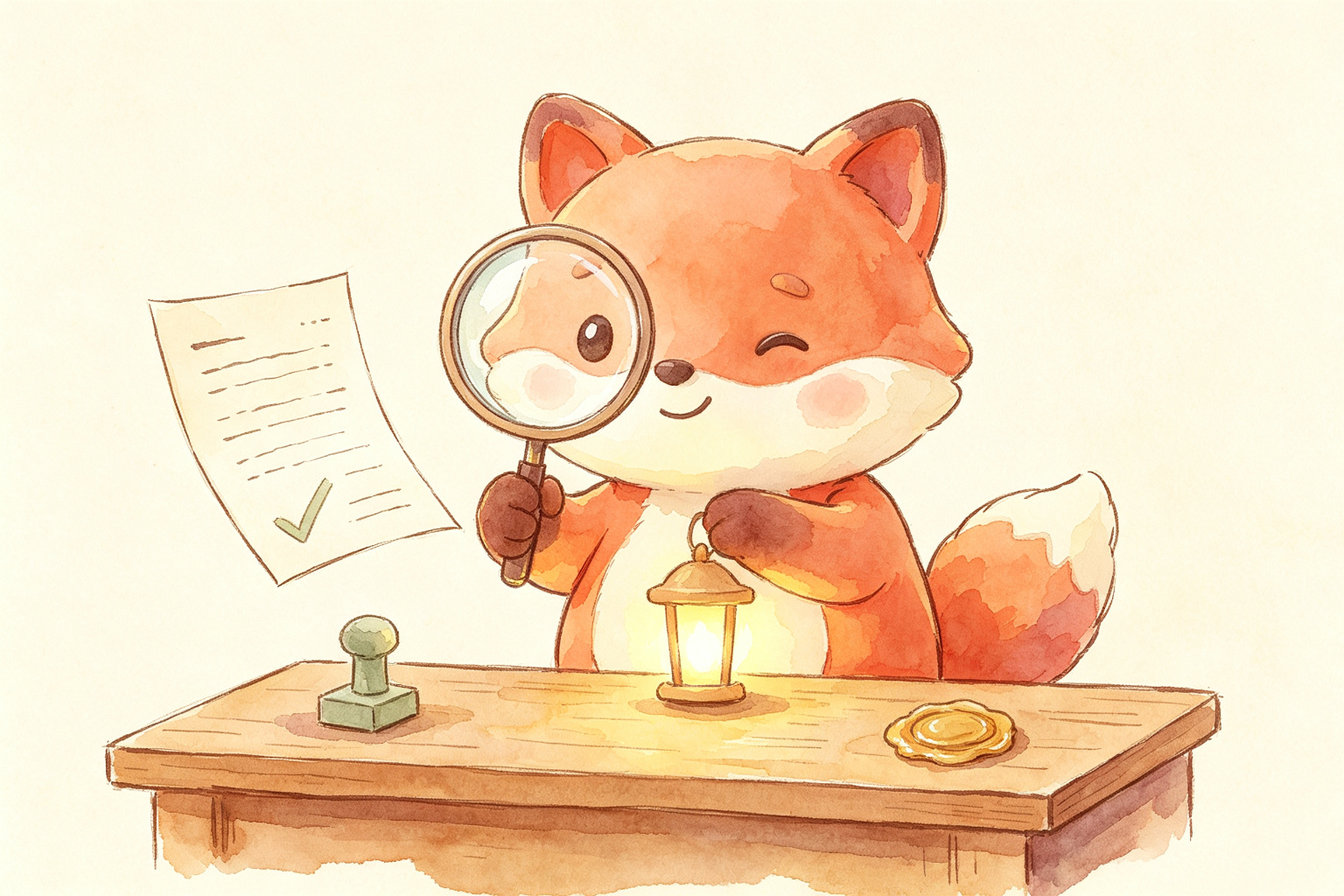 Watercolor fox sitting at a desk as a quality inspector, holding a magnifying glass to a document with a checkmark stamp and wax seal beside him.